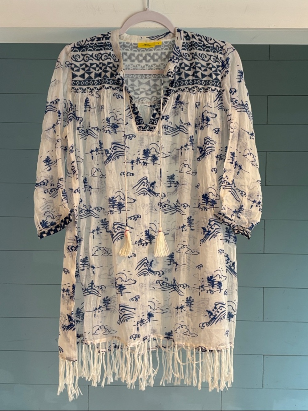 Roller Rabbit White Boho Tassel Fringe Tunic with Blue Wave Print
